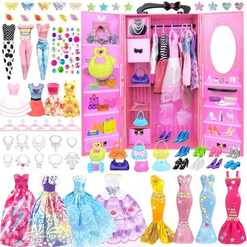 75 Stück kleidung Schmuck Zubehör für Puppen Kleiderschrank für 11,5 Zoll Puppe - Modedesign Puppen Set mit Hochzeitskleid Kleider Outfits Tops und Hosen Taschen Geschenk Spielzeug für Mädchen von BNUZEIYI