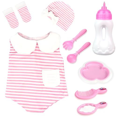 Baby Puppe Zubehör -BabyPuppe Fütterung und Pflege Set mit Flasche Hut Socken für Mädchen Spielzeug Geschenk, Puppenzubehör Puppenkleidung passen 14-16 Zoll 18 Zoll und 43 cm Puppe von BNUZEIYI