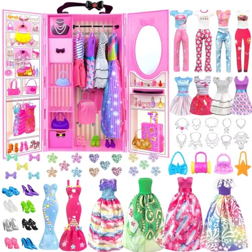 Puppenkleidung und Zubehör mit Puppenschrank für 29 cm große Puppen – modisches Design-Puppen-Set inklusive Hochzeitskleid, modische Kleider, Outfits, Tops und Hosen, Schuh-Kleider, Taschen für von BNUZEIYI