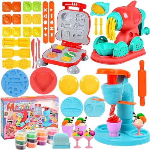 BNWRRCVKE 51 Stück Knete Dough Set für Kinder,Nudelmaschine Spielset Burger Eiscreme,Knete Zubehör mit Accessoires und 12 Dosen Knete, Spielzeug Geschenk mädchen & Junge 2-10 Jahre von BNWRRCVKE