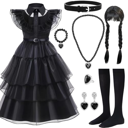 BNWRRCVKE Wednesday Kostüm kinder, Halloween Kostüm Kinder Mädchen, Mittwoch Kostüm Mädchenkleid,Gothic Kleider Outfits mit Perücke,Ohrring,Socken,Kleid für Mädchen Halloween Karneval Cosplay,130 cm von BNWRRCVKE