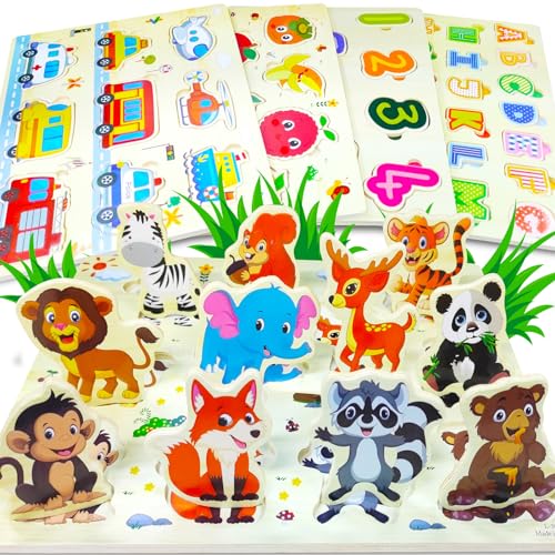 BNWRRCVKE 5 PCs Holzrätsel für Kinder, Montessori Erwachen Bildungsspielzeug für Babys, Alphabet -Zahlenform Fahrzeuge Fruchttiere Idiktative für Babys 2 3 4 Jahre Puzzles von BNWRRCVKE