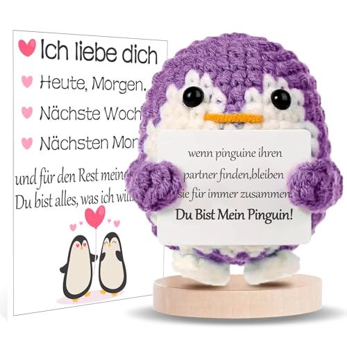 BOAITE Geschenk zum Valentinstag für Ihn Sie, Ich Liebe Dich Geschenke für Frauen, Geschenk für Paar- Strickwolle Pinguin Puppe mit Große Emotionskarten, Jahrestag Geschenk für Sie (Lila) von BOAITE