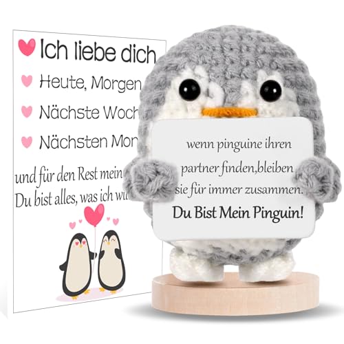 BOAITE Geschenk zum Valentinstag für Ihn Sie, Ich Liebe Dich Geschenke für Frauen, Geschenk für Paar- Strickwolle Pinguin Puppe mit Große Emotionskarten, Jahrestag Geschenk für Sie (grau) von BOAITE