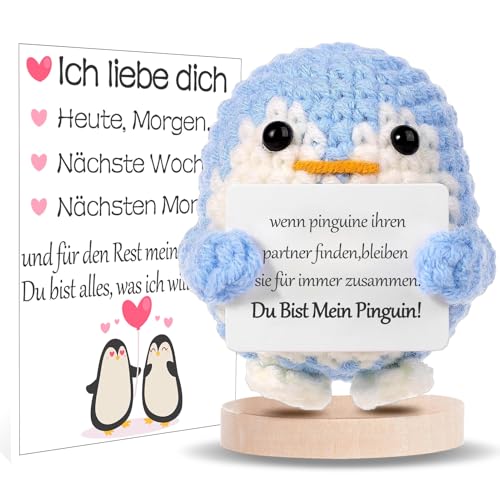 Geschenk zum Valentinstag für Ihn Sie, Ich Liebe Dich Geschenke für Frauen, Geschenk für Paar- Strickwolle Pinguin Puppe mit Große Emotionskarten, Jahrestag Geschenk für Sie (Blau) von BOAITE