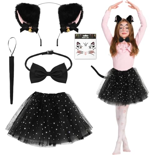 BOARDFEB 5 Stück Katzenkostüm, Katze Kostüm Kinder Mädchen Tierkostüm Cosplay Set mit Katzenohren Stirnband Katzengesichts Tattoo Halskette mit Glöckchen Schwarzem Glitzertutu und Katzenschwanz für Ka von BOARDFEB