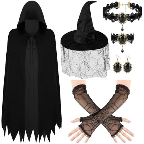 BOARDFEB Halloween-Hexenkostüm, schwarzes Hexenzubehör-Set mit Hut, schwarzer Kapuzenumhang, Spinne, Spitzenhandschuhe, rot-schwarzer Anhänger, Choker-Armbänder, Ohrringe für Damen, 6-teilig BOARDFEB Halloween-Hexenkostüm, schwarzes Hexenzubehör-Set mit Hut, schwarzer Kapuzenumhang, Spinne, Spitzenhandschuhe, rot-schwarzer Anhänger, Choker-Armbänder, Ohrringe für Damen, 6-teilig von BOARDFEB