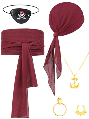BOARDFEB Piratenkostüm-Zubehör, Mütze, Kopftuch, Piratenschal, Schärpe, Gürtel, Taillenbandana, für Halloween, Party, Damen, Herren, Weinrot, 2 Stück BOARDFEB Piratenkostüm-Zubehör, Mütze, Kopftuch, Piratenschal, Schärpe, Gürtel, Taillenbandana, für Halloween, Party, Damen, Herren, Weinrot, 2 Stück von BOARDFEB