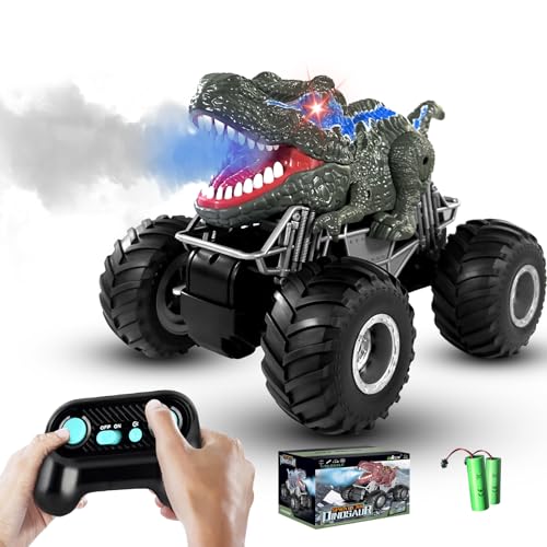 BOBOTATA Dinosaurier Truck Spielzeug Ferngesteuertes Auto Kinder Monstertruck ab 3 4 5 6 7 8 + Jahre, 2.4 GHz mit Licht, Klang, Sprühen, All Terrain RC Cars Spielzeug Geschenke für Jungen von BOBOTATA