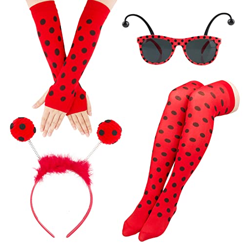 BOFUNX Bienen/Marienkäfer Kostüm für Damen Mädchen Erwachsene Marienkäfer Bienen Brille Haarreif Fingerlose Handschuhe Tüllrock Faschingskostüm für Karneval Fasching Halloween Mottoparty von BOFUNX