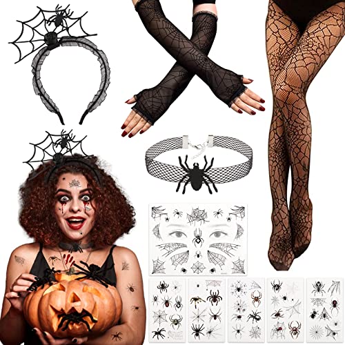 BOFUNX 10 Stücke Halloween Spinnennetz Kostüm Set, Spinnennetz Netzstrumpfhose Stirnband Halskette Spitzenhandschuhe Spinnen Temporäre Tattoos für Halloween Masquerade Makeup von BOFUNX