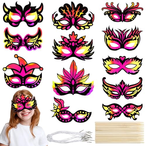 BOFUNX 24 Stück Kratzbilder Masken für Kinder Scratch Art Masken Maskerade Kratzbilder Masken Bastelset für Fasching Karneval Geburtstag Zirkus Party Deko von BOFUNX