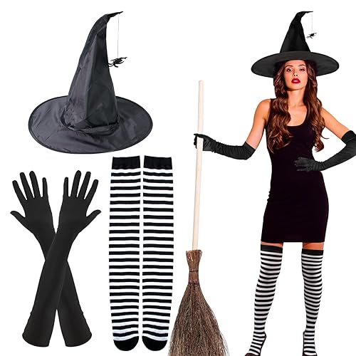 BOFUNX Halloween Hexenkostüm Damen Accessoires Hexenhut mit Spinne Gestreifte Kniestrümpfe Handschuhe Halloween Kostüm für Halloween Karneval Fasching von BOFUNX