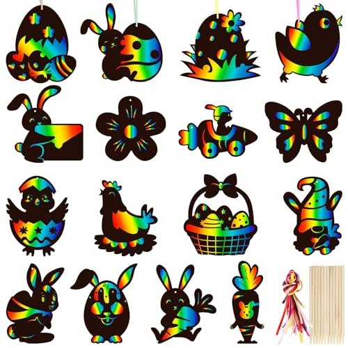 BOFUNX 32 Stück Ostern Kratzbilder Bastelset für Kinder Ostereier Kratzbilder Ostern Scratch Art Kratzpapier Ostern Bastelset Kinder für Ostern Party Dekoration Geschenk von BOFUNX