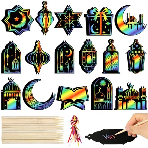 BOFUNX 32 Stück Ramadan Eid Kratzbilder Bastelset für Kinder Stern Mond Laterne Moschee Kratzbilder Ramadan Kareem Dekoration für Islamische Muslimische Ramadan Eid Mubarak von BOFUNX