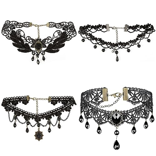 BOFUNX 4 Stück Choker Halskette Set Damen Gothic Schwarz Spitze Kette Vintage Choker Halsband für Halloween Maskerade Karneval Fasching von BOFUNX