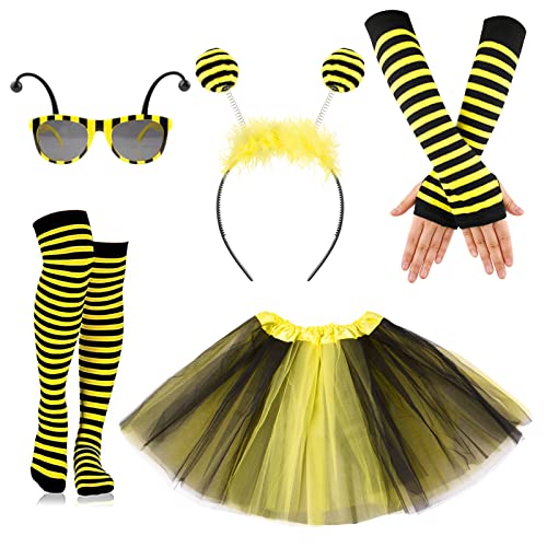 BOFUNX Bienen/Marienkäfer Kostüm für Damen Mädchen Erwachsene Marienkäfer Bienen Brille Haarreif Fingerlose Handschuhe Tüllrock Faschingskostüm für Karneval Fasching Halloween Mottoparty von BOFUNX