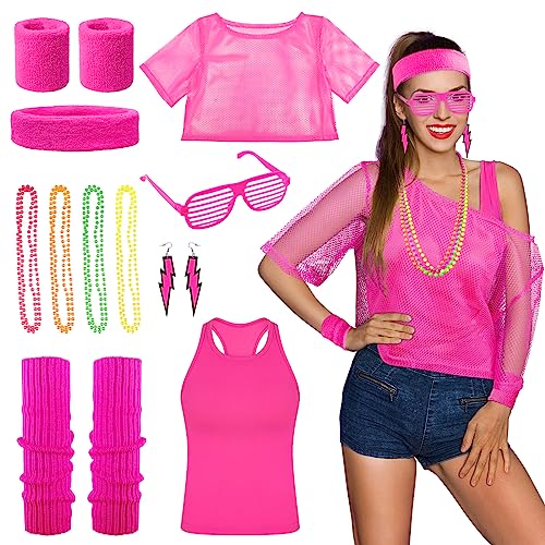 BOFUNX 80er 90er Jahre Outfit Damen Netzoberteil Tank Top Schweißbänder Beinwärmer Halskette Ohrring Stirnband Brille 80er 90er Jahre Kostüm Neon Party Accessoires Fasching Karneval Kostüm von BOFUNX