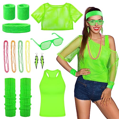 BOFUNX 80er 90er Jahre Outfit Damen Netzoberteil Tank Top Schweißbänder Beinwärmer Halskette Ohrring Stirnband Brille 80er 90er Jahre Kostüm Neon Party Accessoires Fasching Karneval Kostüm von BOFUNX