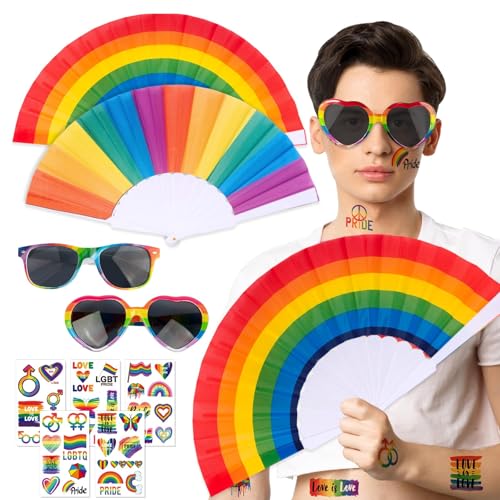 BOFUNX 9 Stück Gay Pride Accessoire, LGBTQ Accessoires Kit, Regenbogen Brille Faltfächer Temporäre Tattoos Gay Pride Set für Gay Lesben Pride Parades von BOFUNX