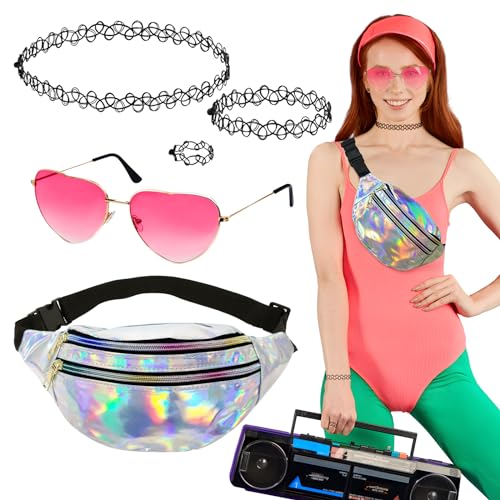 BOFUNX 90er 80er Jahre Outfit Damen, Metallic Bauchtasche Gürteltasche Herz Party Brillen Stretch Choker Halskette Armband Ring für Hippie Neon Fasching Karneval Cosplay Kostüme Accessoires von BOFUNX