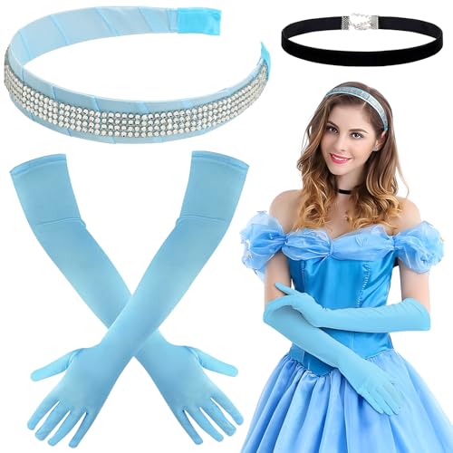 BOFUNX Blau Haarreif mit Strass + Satin Handschuhe Lang Handschuhe + Schwarz Choker Halskette + Kristall Ohrstecker, Prinzessin Kostüm Accessoires für Fasching Karneval Mottoparty Cosplay von BOFUNX