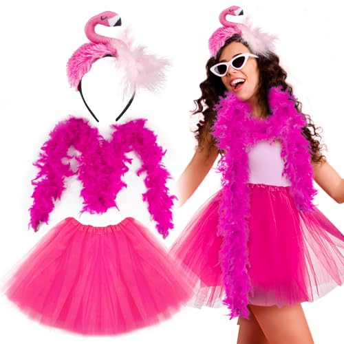 BOFUNX Damen Flamingo Kostüm, Flamingo Haarreif + Rosa Tüllrock Tutu Rock + Federschal Federboa für Fasching Karneval Mottoparty Kostüm Accessoires von BOFUNX