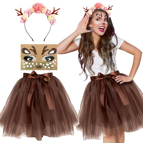 BOFUNX Damen Geweih Kostüm, Tüllrock Kaffee Tutu Rock + Geweih Haarreif + Rentier Gesicht Tattoos für Fasching Karneval Mottoparty Reh Kostüm Accessoires von BOFUNX