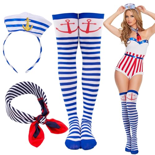 BOFUNX Damen Matrosen Kostüm, Matrosen Haarreif + Quadratisches Seidentuch + Overknee Strümpfe Blau Weiß gestreift für Fasching Karneval Mottoparty Marine Kostüm Accessoires von BOFUNX