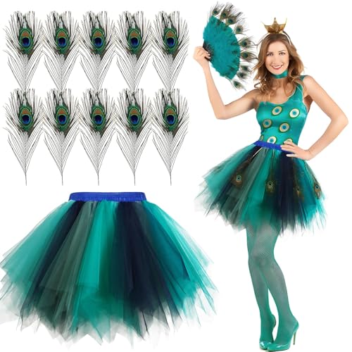 BOFUNX Damen Pfau Kostüm, Tüllrock Blau Grün Tutu Rock + 10 Stücke Pfauenfedern für Fasching Karneval Mottoparty Kostüm Accessoires von BOFUNX