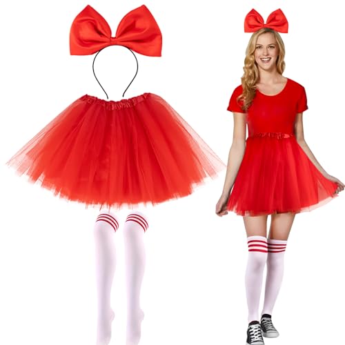 BOFUNX Damen Schokobons Kostüm, Rot Tüllrock Tutu Rock + Haarreif groß Schleife Haarband + Gestreifte Kniestrümpfe für Fasching Karneval Mottoparty Kostüm Accessoires von BOFUNX