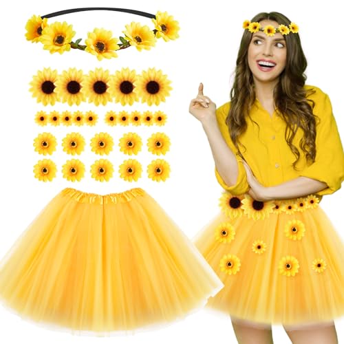 BOFUNX Damen Sonnenblumen Kostüm, Tutu Rock Tüllrock + Sonnenblumen Stirnband Haarschmuck + 25pcs Sonnenblumen Blütenköpfe für Karneval Mottoparty Cosplay von BOFUNX