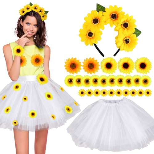 BOFUNX Damen Sonnenblumen Kostüm, Tutu Rock Tüllrock + Sonnenblumen Stirnband Haarschmuck + 25pcs Sonnenblumen Blütenköpfe für Karneval Mottoparty Cosplay von BOFUNX