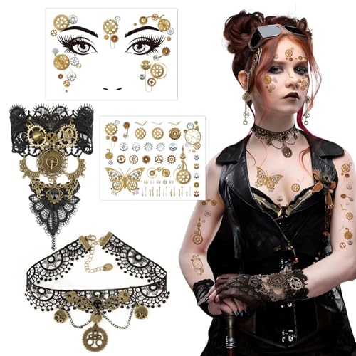 BOFUNX Damen Steampunk Accessoires, 2 Stücke Steampunk Tattoos + 3 Stücke Steampunk Halskette Armbänder Ohrringe, Steampunk Kostüm für Fasching Karneval Mottoparty Cosplay von BOFUNX