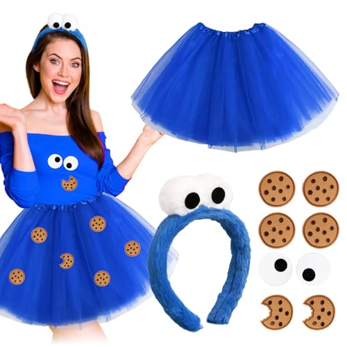 BOFUNX Damen Tüllrock Blau Tutu Rock Minirock + Haarreif mit Augen Haarband + 10pcs Cookie Aufnäher für Fasching Karneval Mottoparty Cospaly Kostüm von BOFUNX