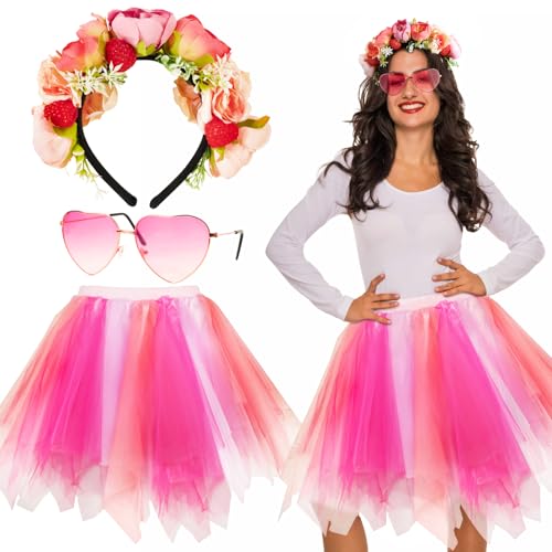 BOFUNX Damen Tüllrock Rosa Tutu Rock Minirock + Haarreif mit Blumen und Waldbeere Haarband + Herz Brille für Fasching Karneval Mottoparty Cospaly Kostüm von BOFUNX