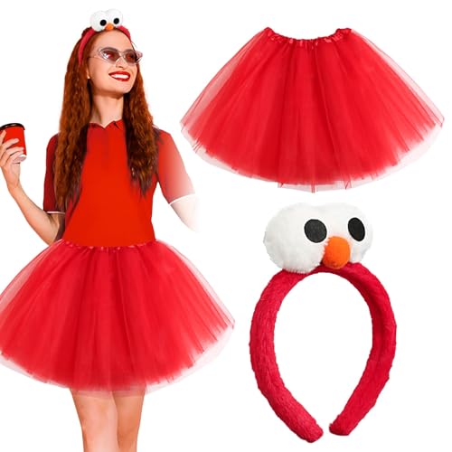 BOFUNX Damen Tüllrock Rot Tutu Rock Minirock + Haarreif mit Augen, Fasching Kostüm für Karneval Mottoparty Cosplay von BOFUNX