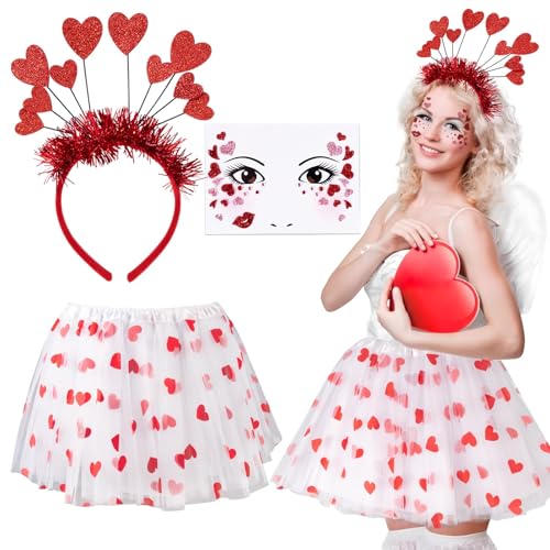 BOFUNX Damen Tüllrock mit Herzen Weiß Tutu Rock + Herz Haarreif + Herz Gesichtstattoos, Amor Kostüm für Valentinstag Karneval Mottoparty Cosplay von BOFUNX