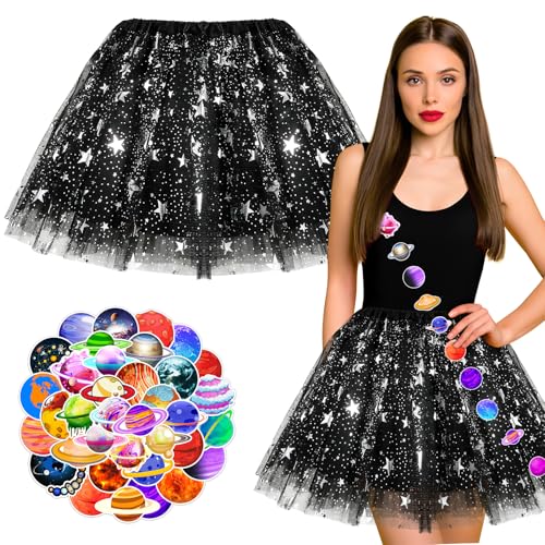 BOFUNX Damen Tüllrock mit Sterne Schwarz Tutu Rock + 50pcs Planet Sticker, Planet Galaxie Kostüm für Fasching Karneval Mottoparty Cosplay von BOFUNX