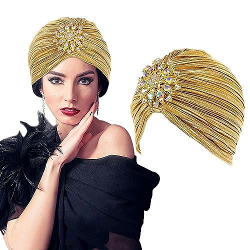 BOFUNX Damen Turban Hut mit Abnehmbarer Kristall Brosche 1920s Vintage Turban Hut Glitzer Elastische Kopf Wraps Gatsby Fasching Kostüm Accessoires von BOFUNX