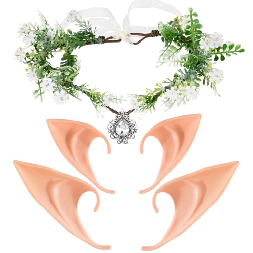 BOFUNX Waldfee Stirnband mit 2 Paar Elfenohren Elfe Waldfee Kopfschmuck Feenblätter Krone Stirnband Feen Kreis Tiara Haarschmuck für Hochzeit Karneval Halloween Cosplay von BOFUNX