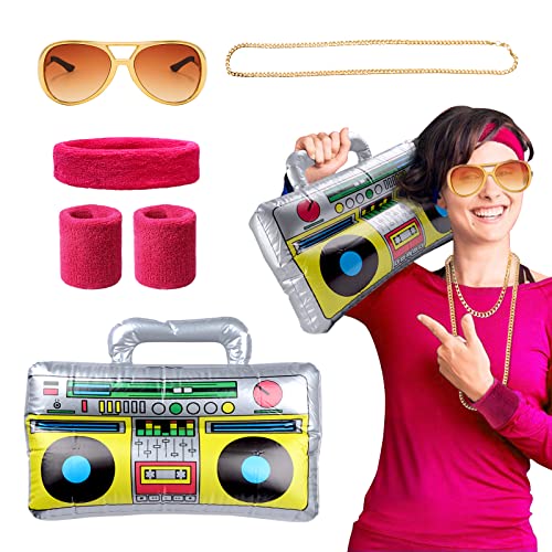 BOFUNX Fasching Karneval Kostüm, 3 in 1 Schweißbänder Set mit Aufblasbare Radio Sonnenbrille Goldkette 80er 90er Fasching & Karneval Party Accessoires Rapper Zubehör Hip Hop Kostüm von BOFUNX