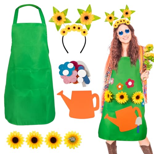 BOFUNX Gartenschürze Kostüm mit Sonnenblumen Haarreif und 3pcs Groß Sonnenblumenkopf Blumen 11pcs Wasserkocher Schaufel Blumen Aufkleber für Fasching Karneval Mottoparty Sommerfest von BOFUNX