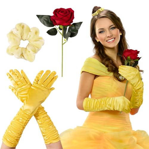 BOFUNX Gelb Haargummi Scrunchie + Satin Handschuhe + Kristall Ohrstecker + Künstliche Rose, Prinzessin Kostüm für Fasching Karneval Mottoparty Cosplay von BOFUNX