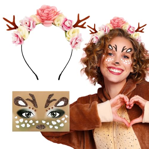 BOFUNX Geweih Haarreif mit Blumen Rentier Haarband Haarschmuck + Rentier Gesicht Tattoos Reh Kostüm Accessoires für Fasching Karneval Mottoparty Halloween Cosplay von BOFUNX