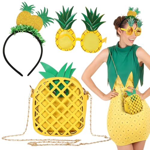 BOFUNX Haarreif mit Ananas + Ananas Brille + Ananas Umhängetasche, Ananas Kostüm für Fasching Karneval Hawaii Sommer Mottoparty von BOFUNX