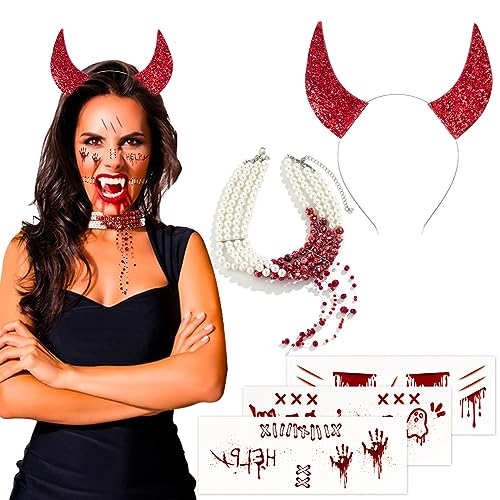 BOFUNX Halloween Teufelshörner Haarreif Rot mit Blutige Perlen Halskette + 3 Blätter Halloween Temporäre Tattoos Vampir Teufel Kopfbedeckung Accessoires für Halloween Mottoparty Karneval Party von BOFUNX