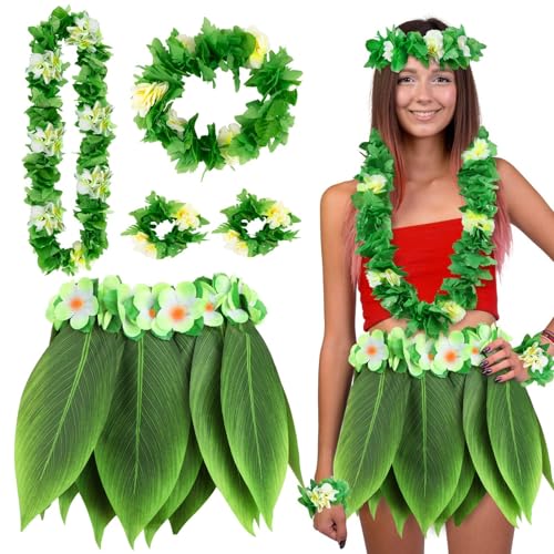 BOFUNX Hawaii Blumenketten Halskette Stirnband Armbänder + Blätterrock, Hawaii Kostüm für Fasching Karneval Hawaii Hula Sommer von BOFUNX