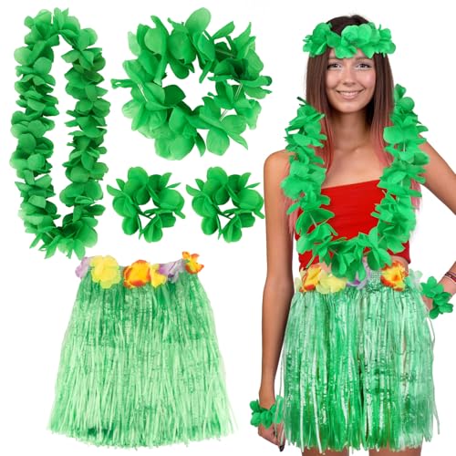 BOFUNX Hawaii Blumenketten Halskette Stirnband Armbänder + Hula Rock, Hawaii Kostüm für Fasching Karneval Hawaii Hula Sommer von BOFUNX