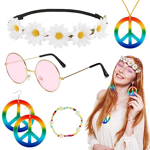 BOFUNX Hippie Kostüm Set, 6 Stücke 60er 70er Jahre Kostüm Zubehör Blumen Stirnband Halskette Ohrring Brille Armband Hippie Accessoires Damen Herren Hippie Party Karneval Cosplay von BOFUNX